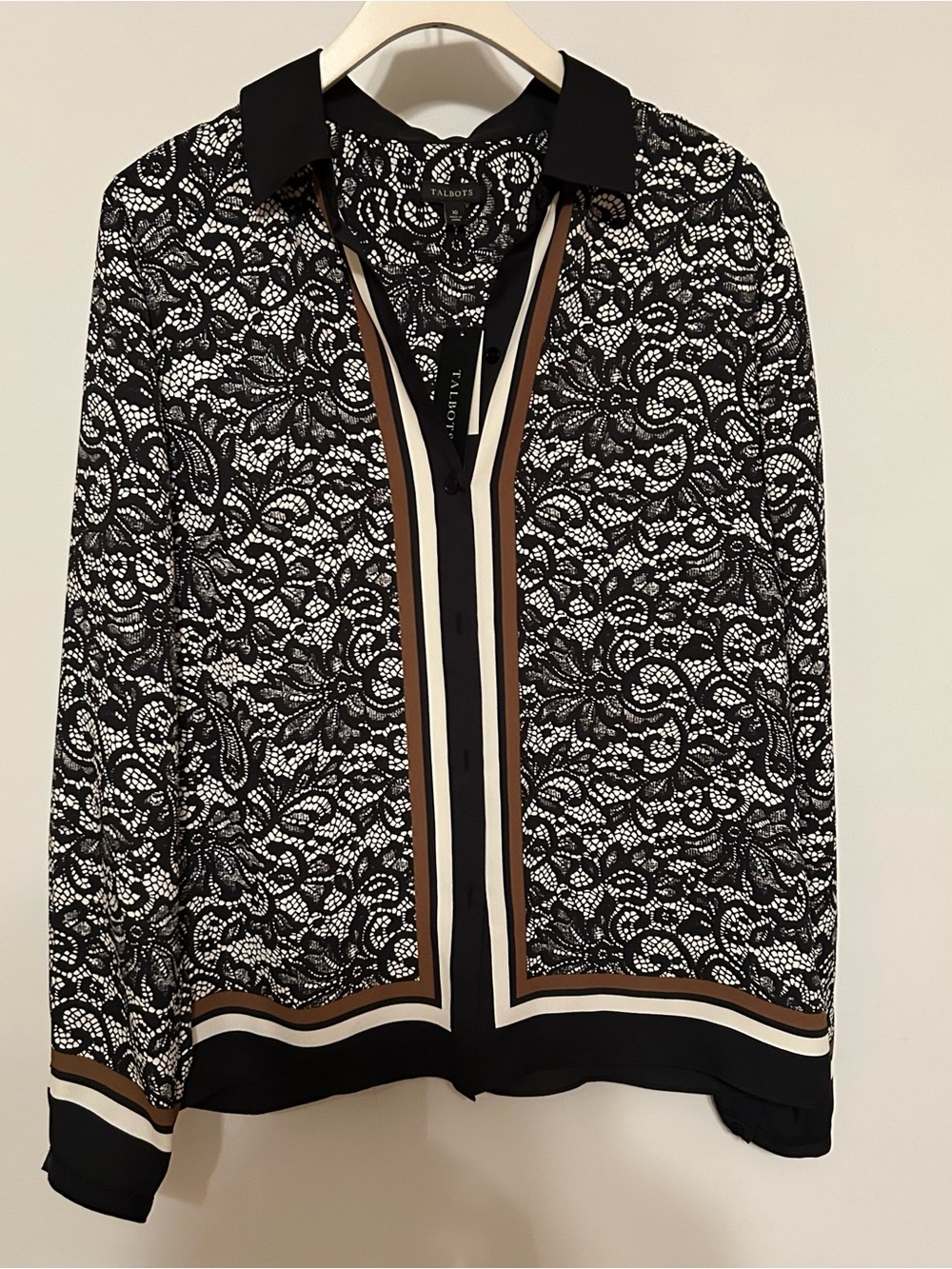Talbots Black Lace-Print Button-Front Blouse with Brown and Cream Trim